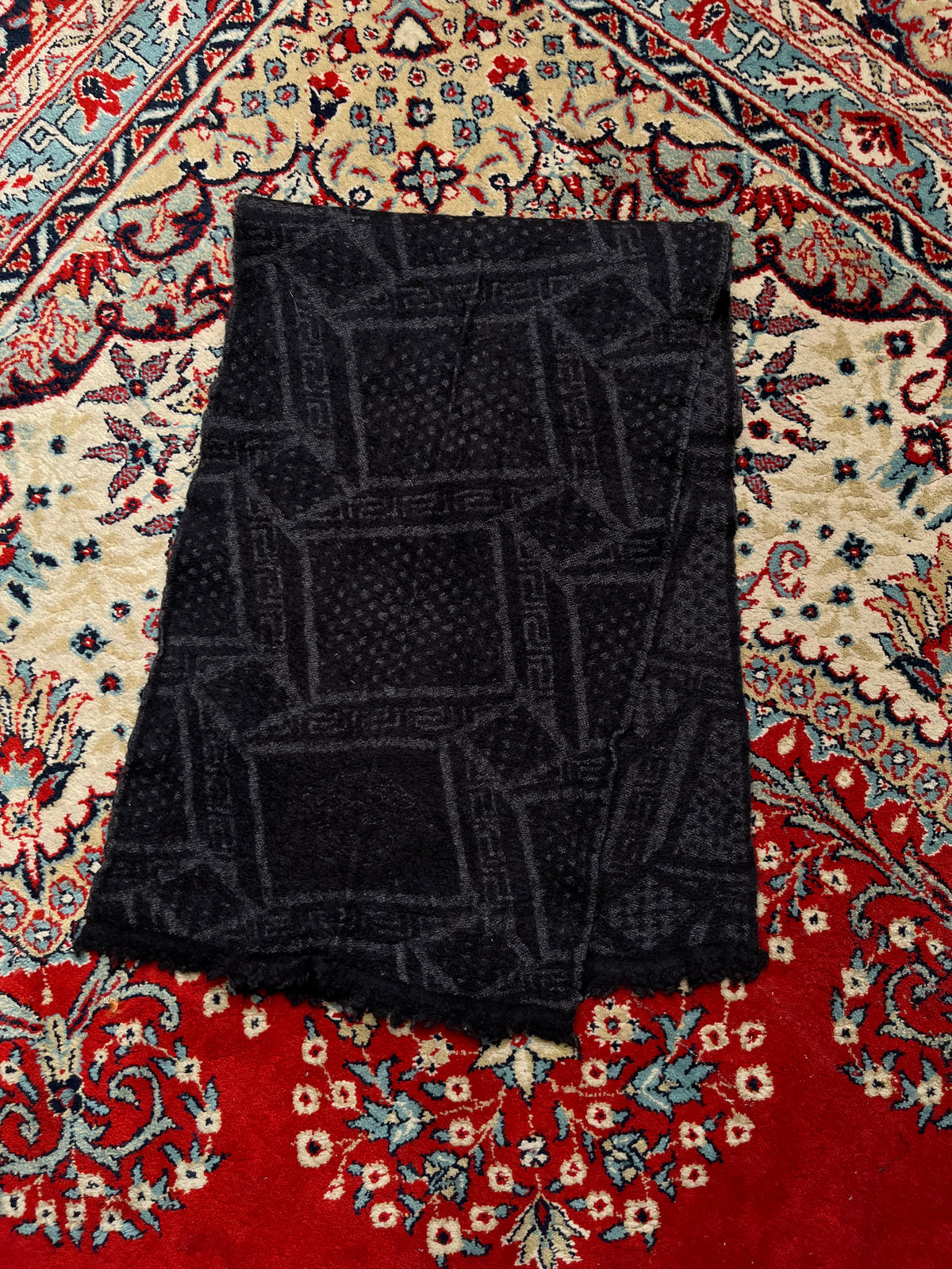 Versace Greek Key Geometric Monogram Wool Knit Fringed Scarf