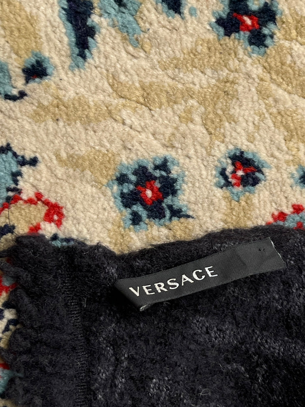 Versace Greek Key Geometric Monogram Wool Knit Fringed Scarf