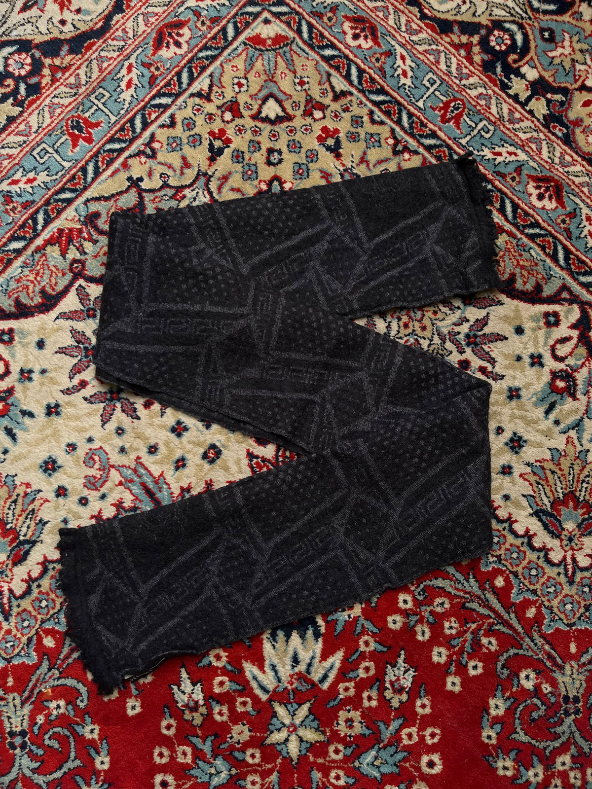 Versace Greek Key Geometric Monogram Wool Knit Fringed Scarf