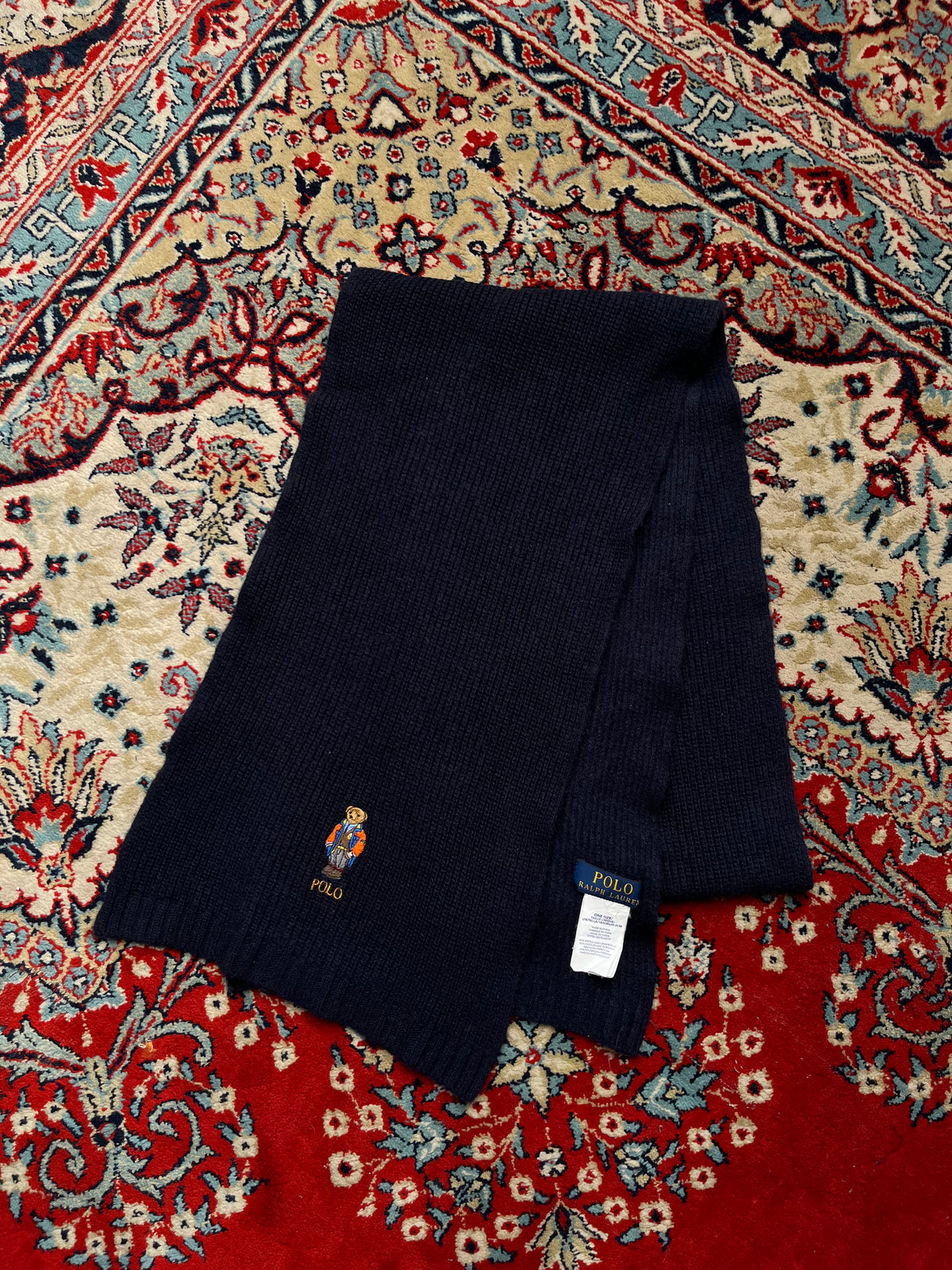 Polo Ralph Lauren Embroidered Sport Bear Ribbed Wool Navy Scarf