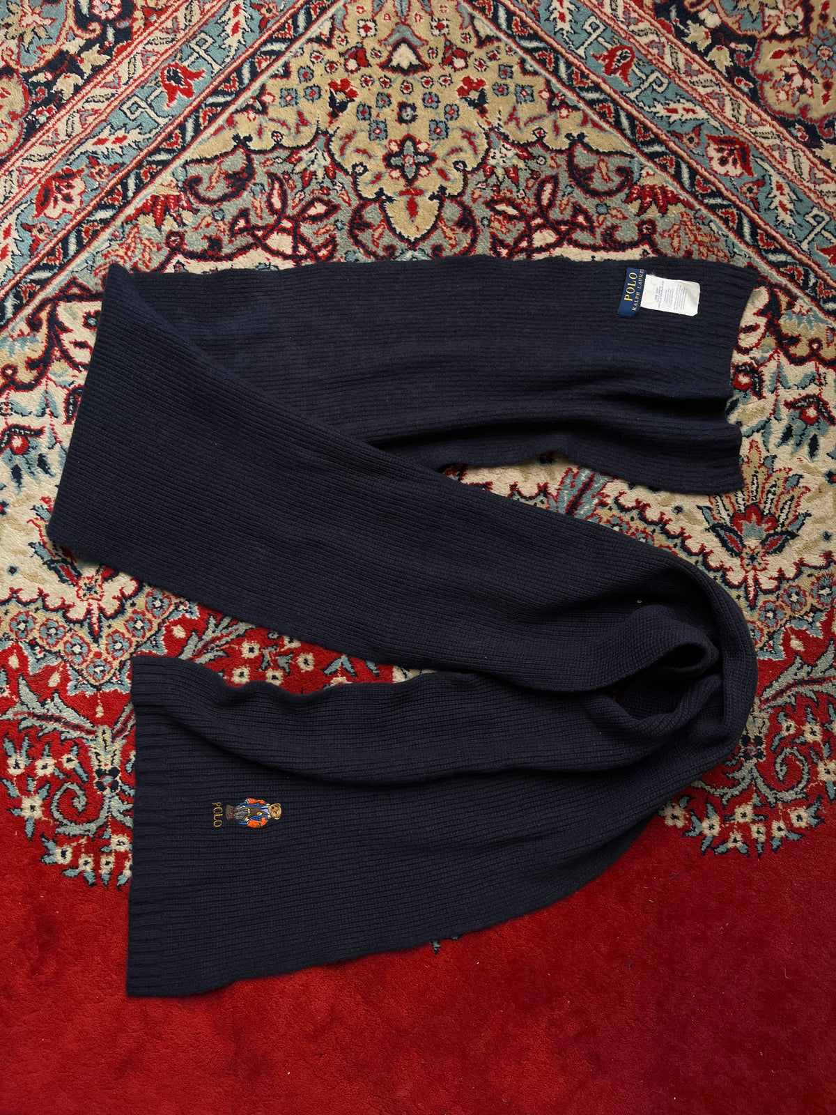 Polo Ralph Lauren Embroidered Sport Bear Ribbed Wool Navy Scarf