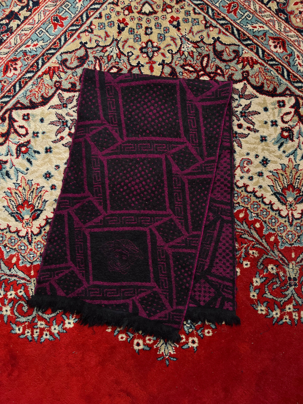 Versace Medusa Head Greek Key Wool Fringed Purple Black Scarf