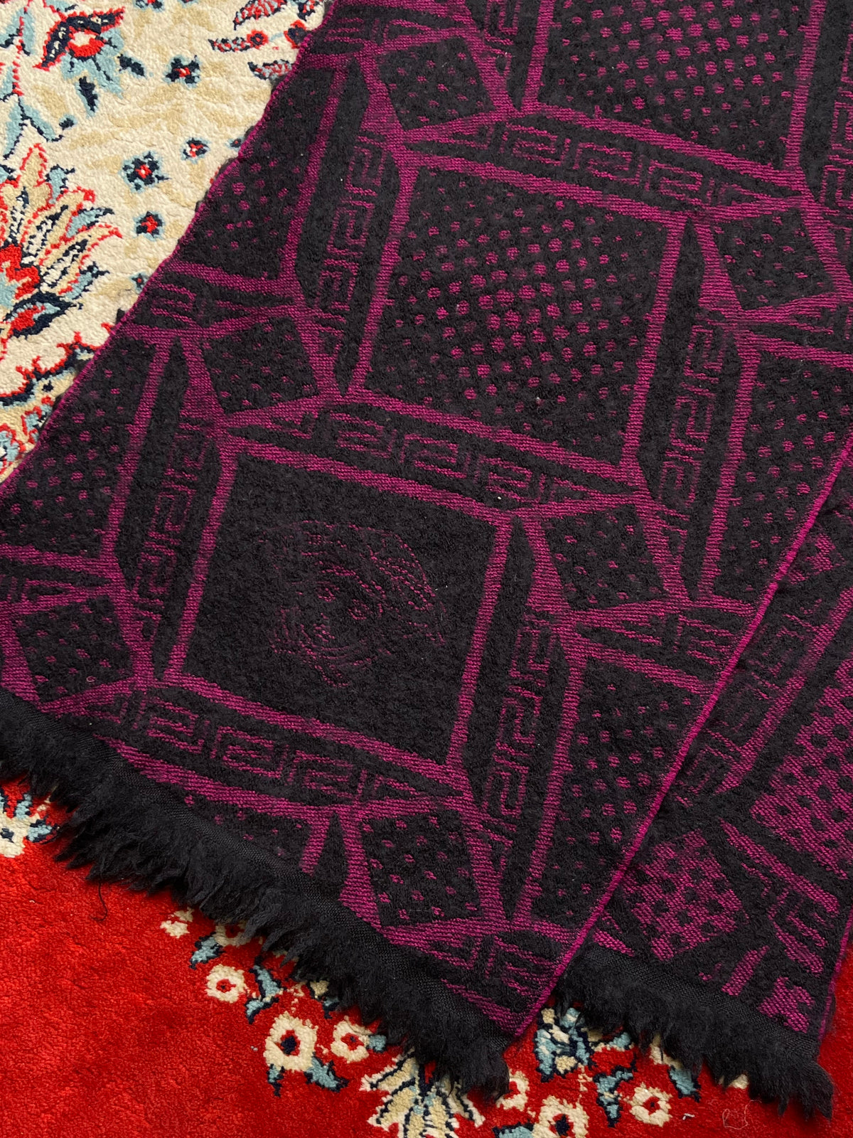 Versace Medusa Head Greek Key Wool Fringed Purple Black Scarf