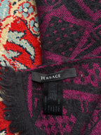 Versace Medusa Head Greek Key Wool Fringed Purple Black Scarf