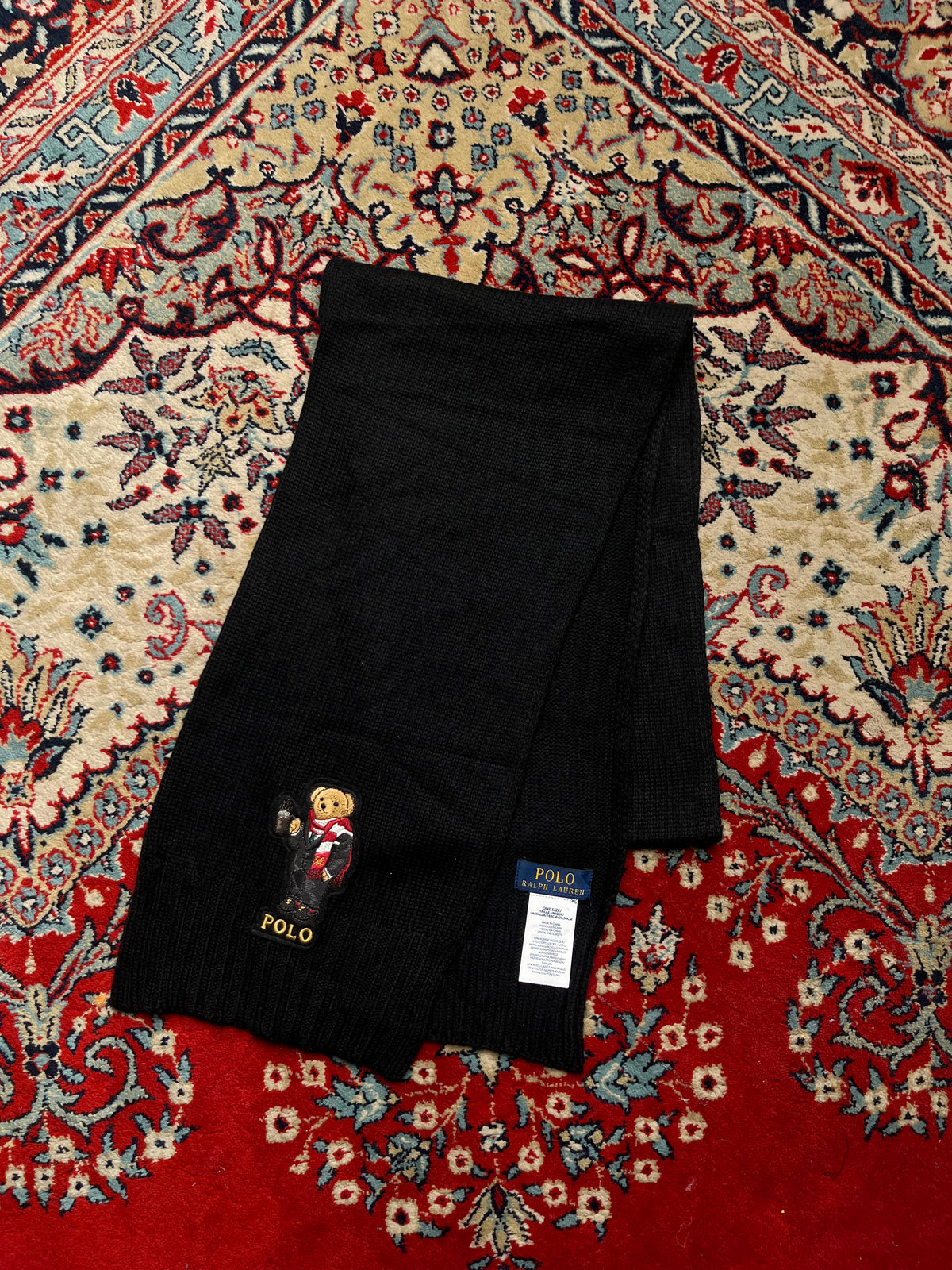 Polo Ralph Lauren Embroidered Coffee Hot Drink Bear Black Ribbed Knit Scarf