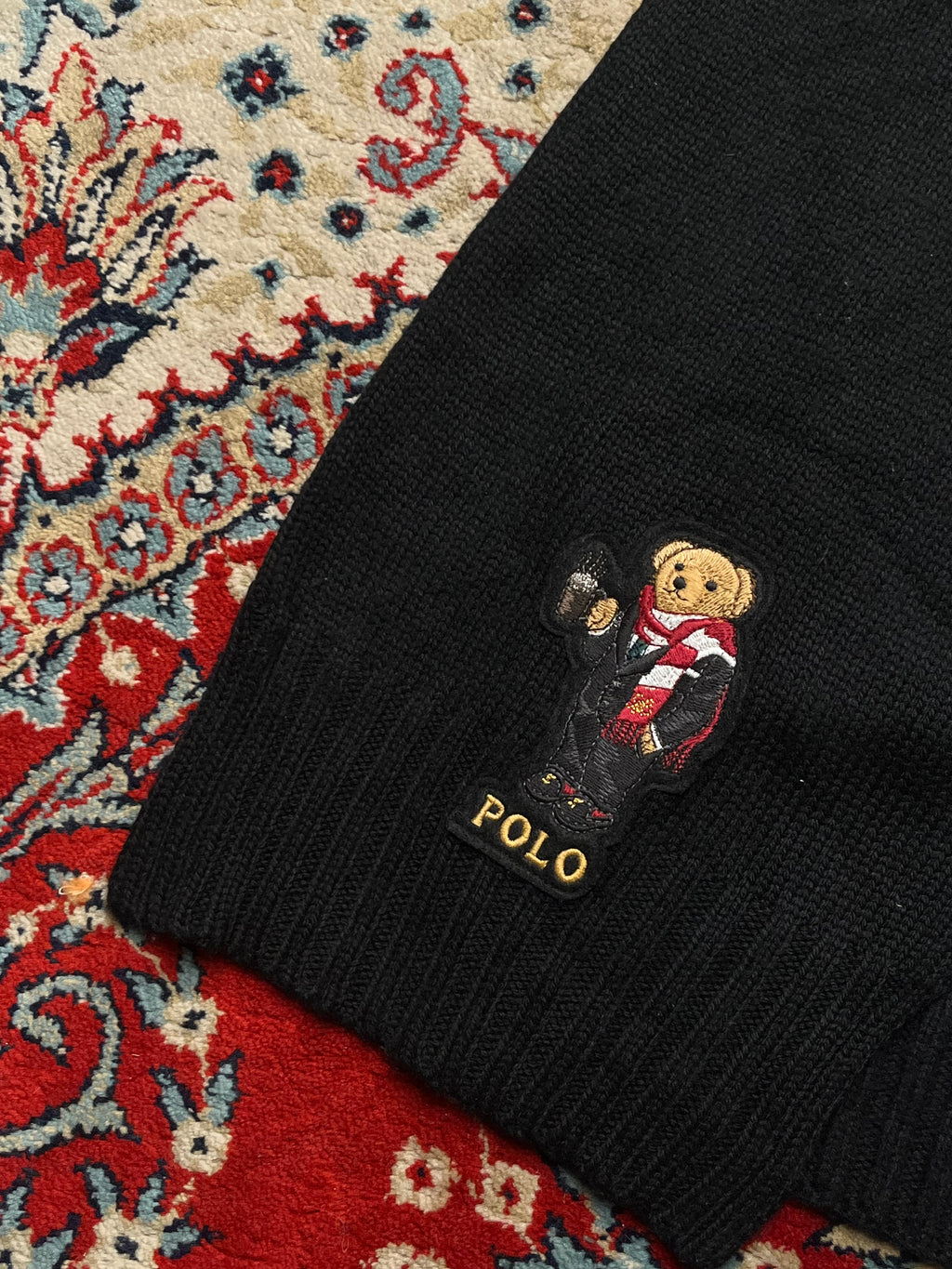 Polo Ralph Lauren Embroidered Coffee Hot Drink Bear Black Ribbed Knit Scarf