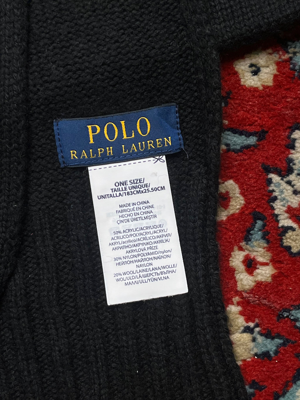 Polo Ralph Lauren Embroidered Coffee Hot Drink Bear Black Ribbed Knit Scarf