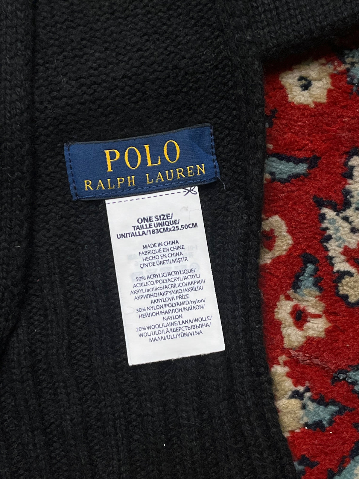 Polo Ralph Lauren Embroidered Coffee Hot Drink Bear Black Ribbed Knit Scarf