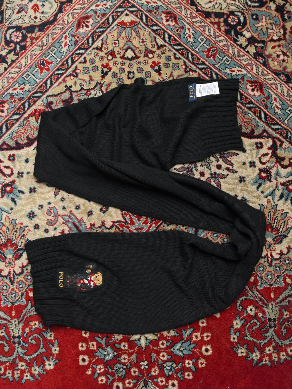 Polo Ralph Lauren Embroidered Coffee Hot Drink Bear Black Ribbed Knit Scarf