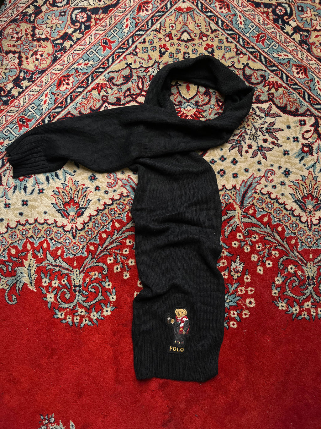 Polo Ralph Lauren Embroidered Coffee Hot Drink Bear Black Ribbed Knit Scarf