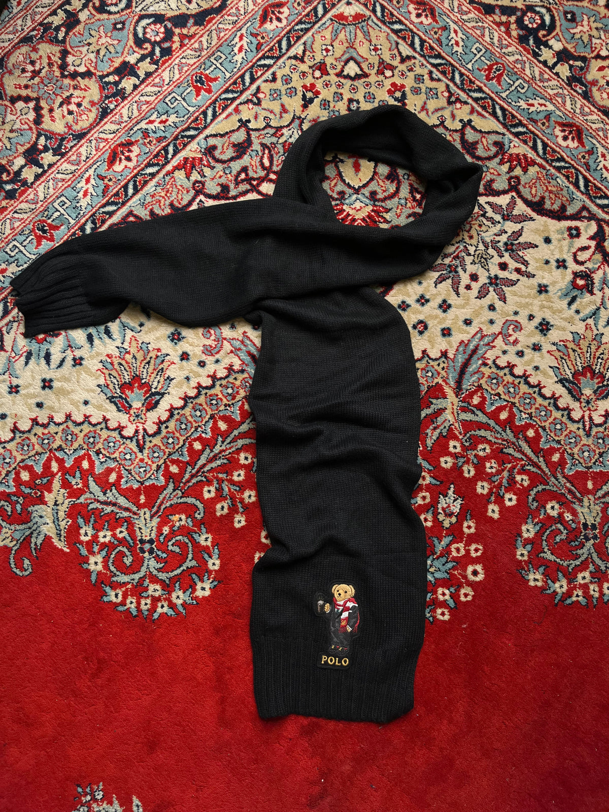 Polo Ralph Lauren Embroidered Coffee Hot Drink Bear Black Ribbed Knit Scarf