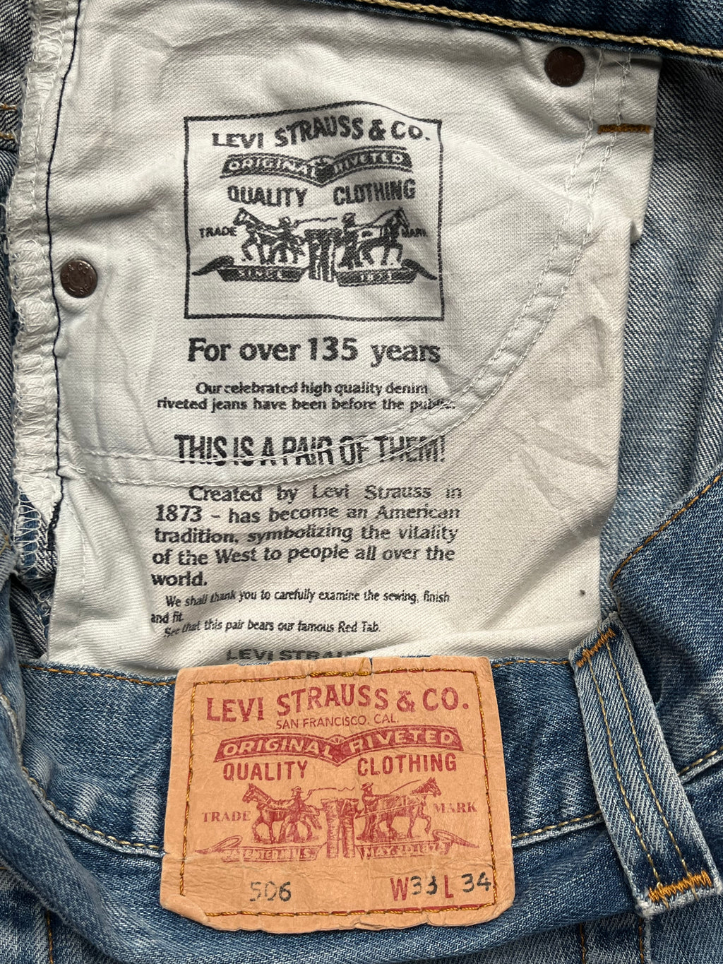 Vintage Levi's 506 Standard Distressed Blue WashED Straight BOOTCUT FIT JEANS - 34