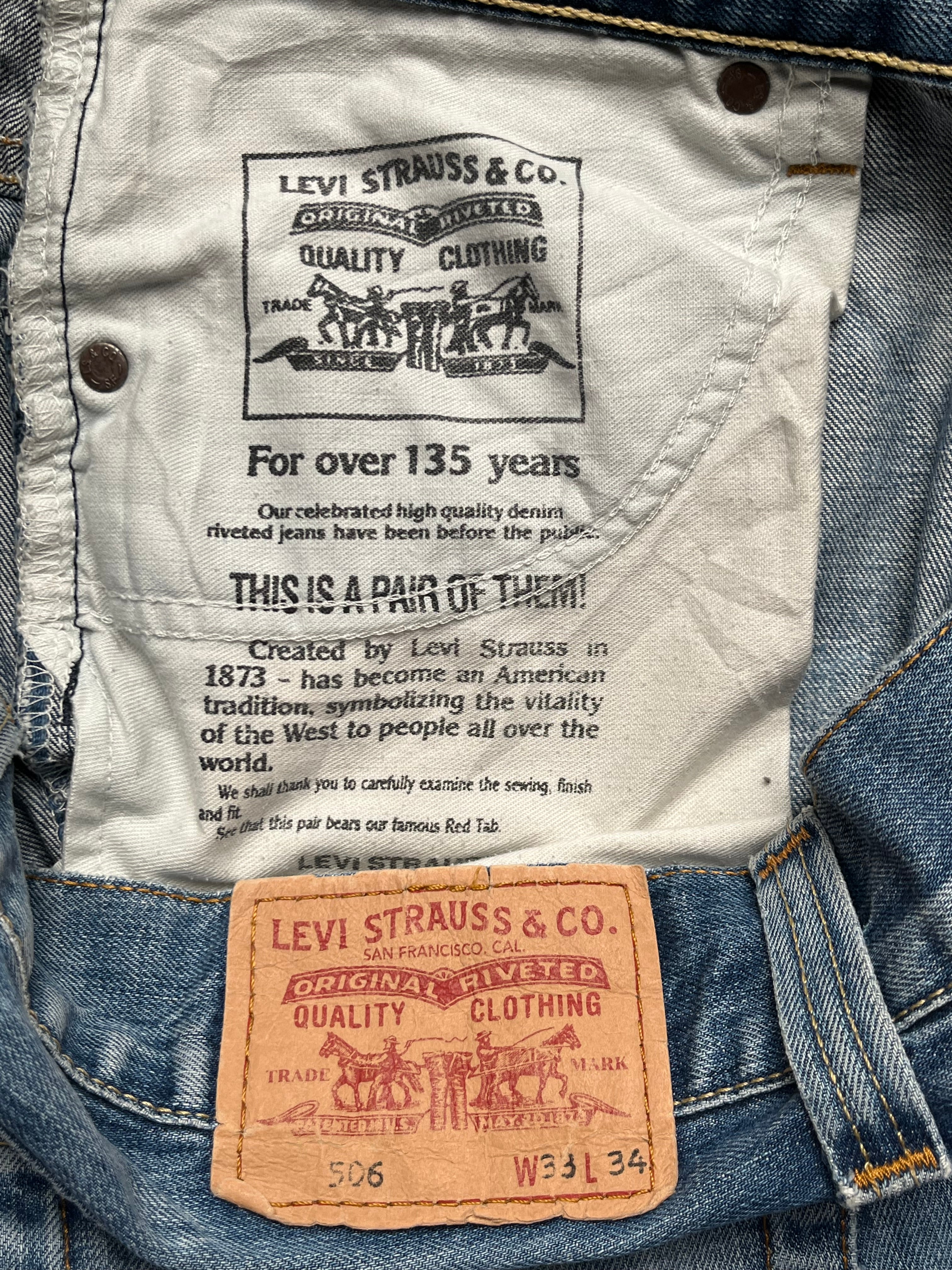 Vintage Levi's 506 Standard Distressed Blue WashED Straight BOOTCUT FIT JEANS - 34