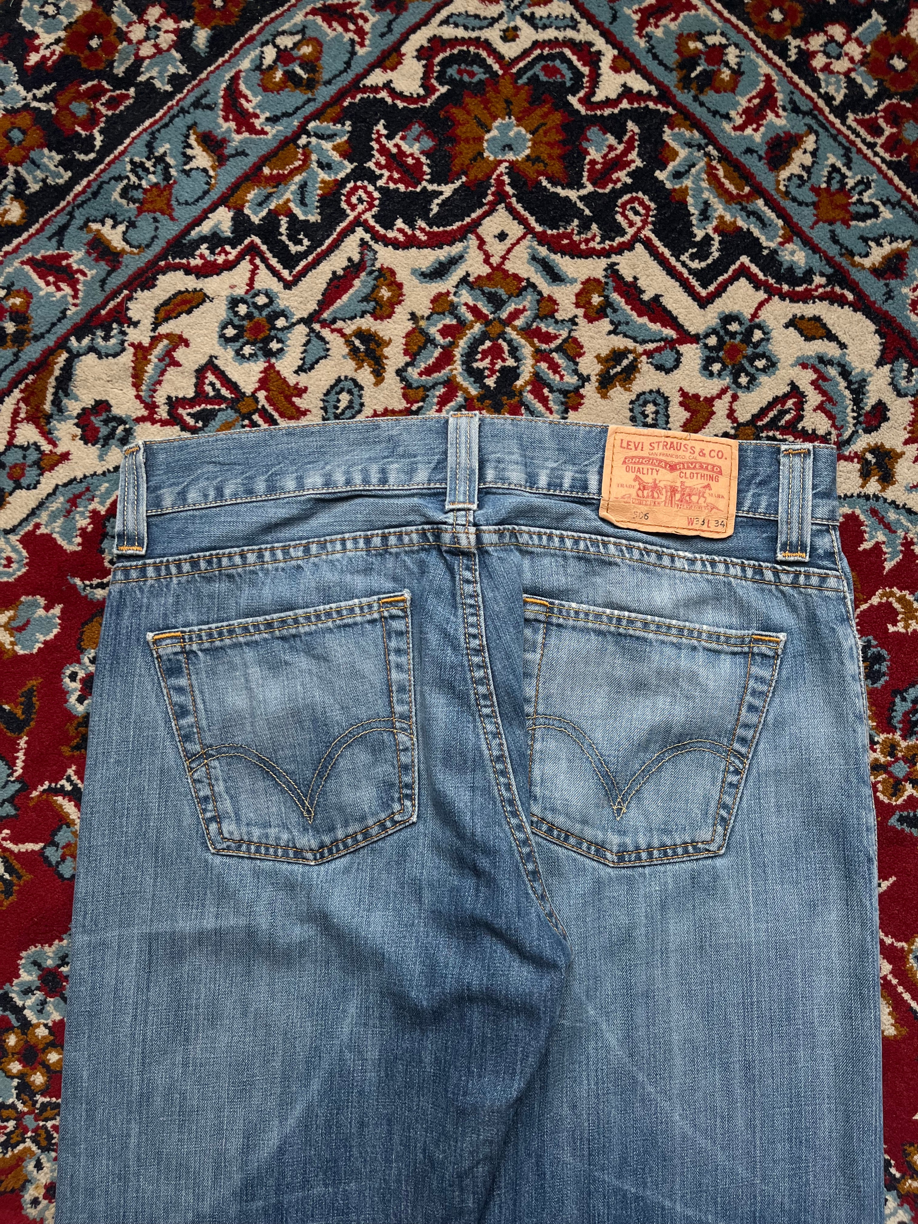 Vintage Levi's 506 Standard Distressed Blue WashED Straight BOOTCUT FIT JEANS - 34
