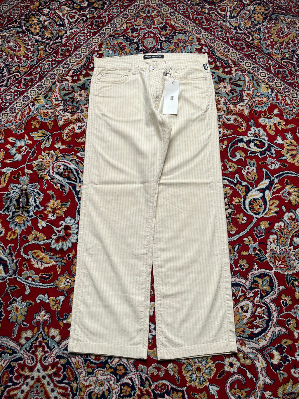 Vintage Versace Jeans Couture Cream Striped Straight FIT Cotton Jeans - 32