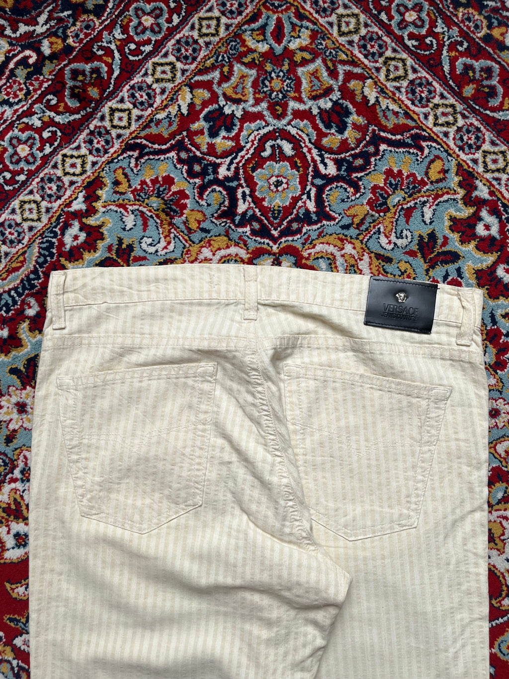 Vintage Versace Jeans Couture Cream Striped Straight FIT Cotton Jeans - 32