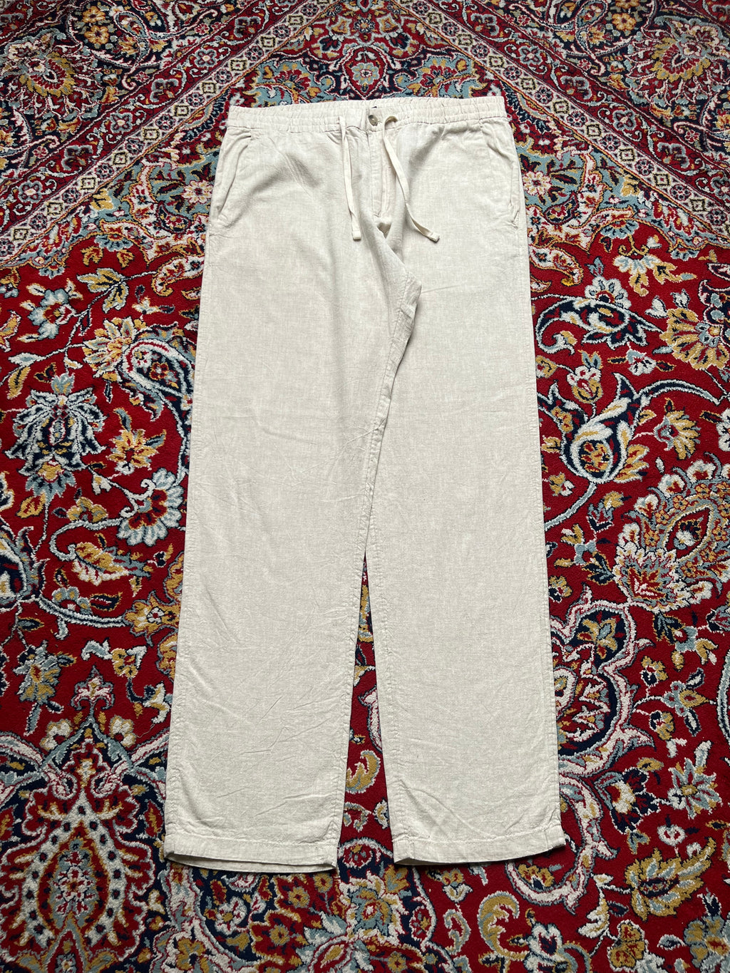 H&M Regular Fit Beige Oatmeal Linen Blend Drawstring PANTS - 34