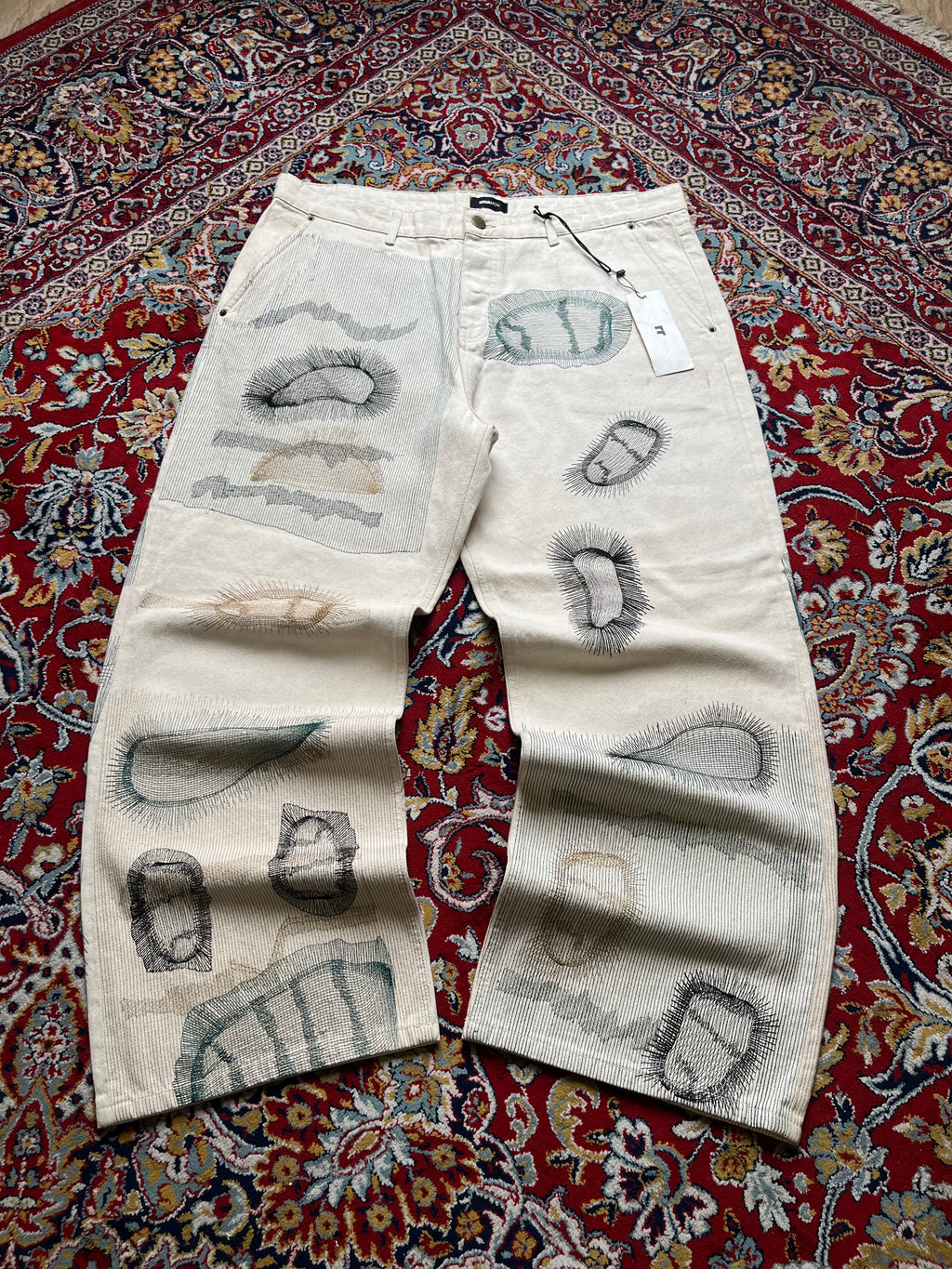 Fashion Nova NOVAMEN Off White Cream Embroidered Sketch Wide FIT JEANS - 42