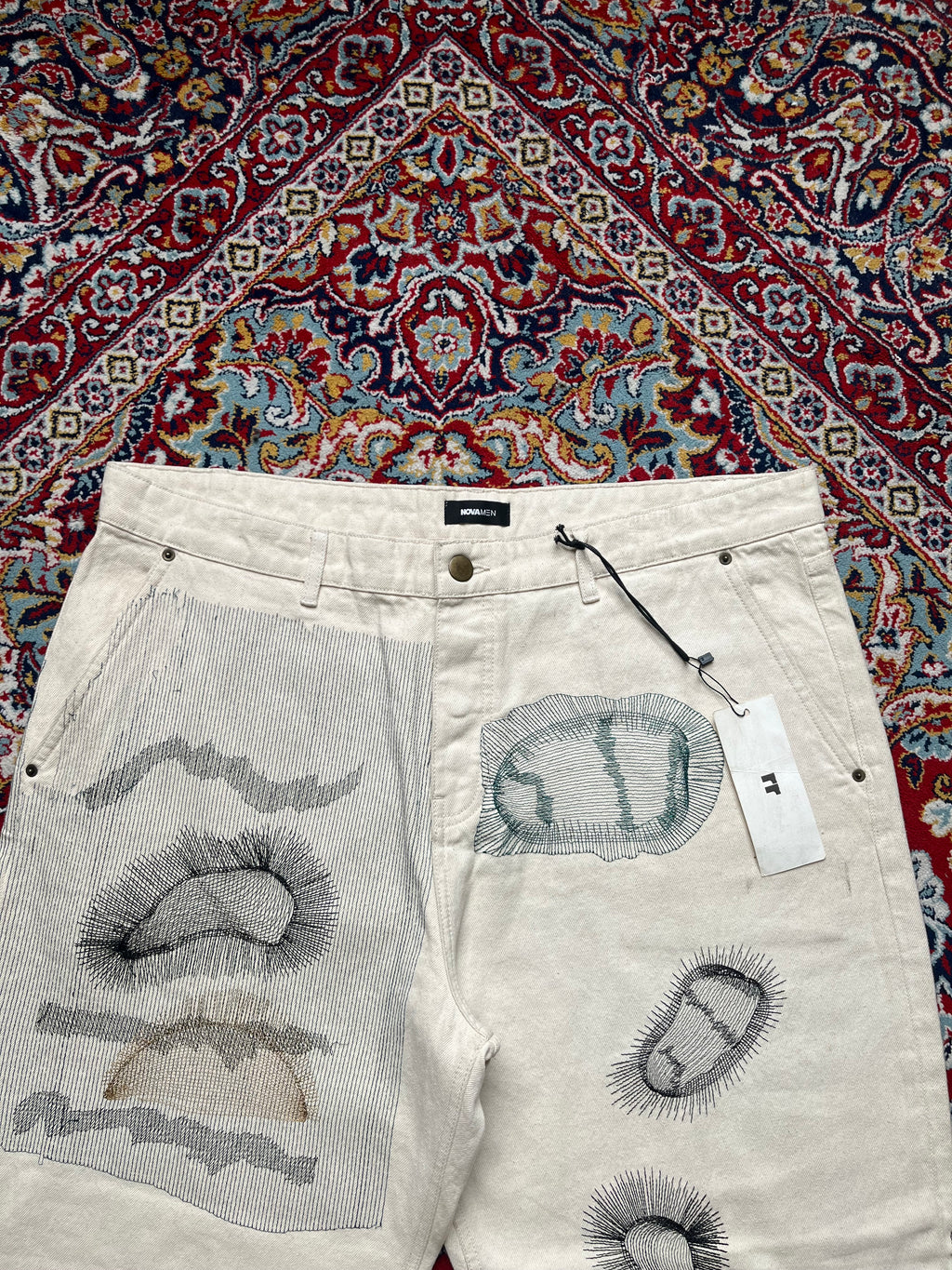 Fashion Nova NOVAMEN Off White Cream Embroidered Sketch Wide FIT JEANS - 42