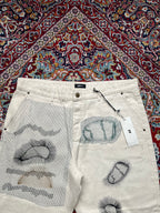 Fashion Nova NOVAMEN Off White Cream Embroidered Sketch Wide FIT JEANS - 42