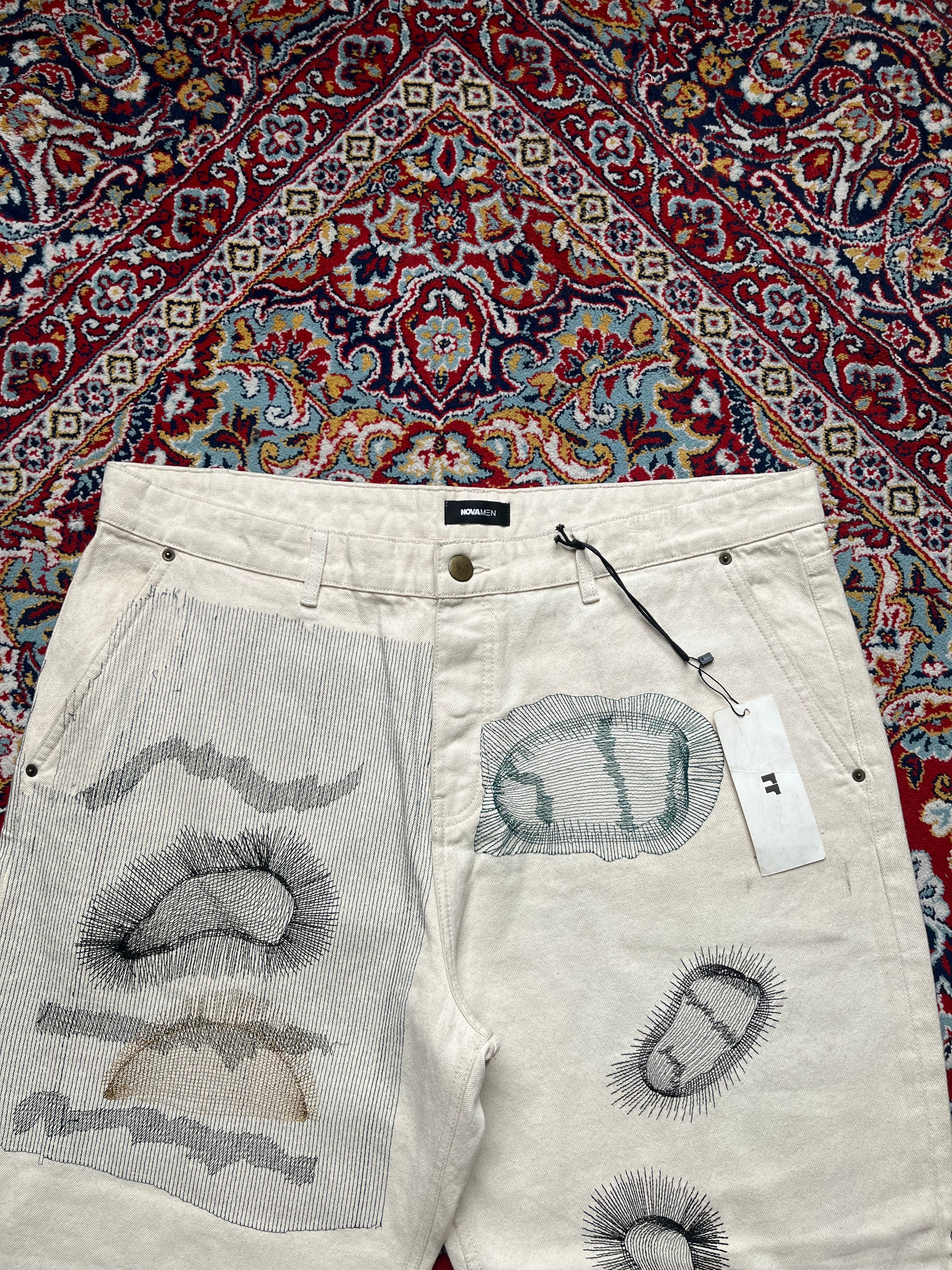 Fashion Nova NOVAMEN Off White Cream Embroidered Sketch Wide FIT JEANS - 42