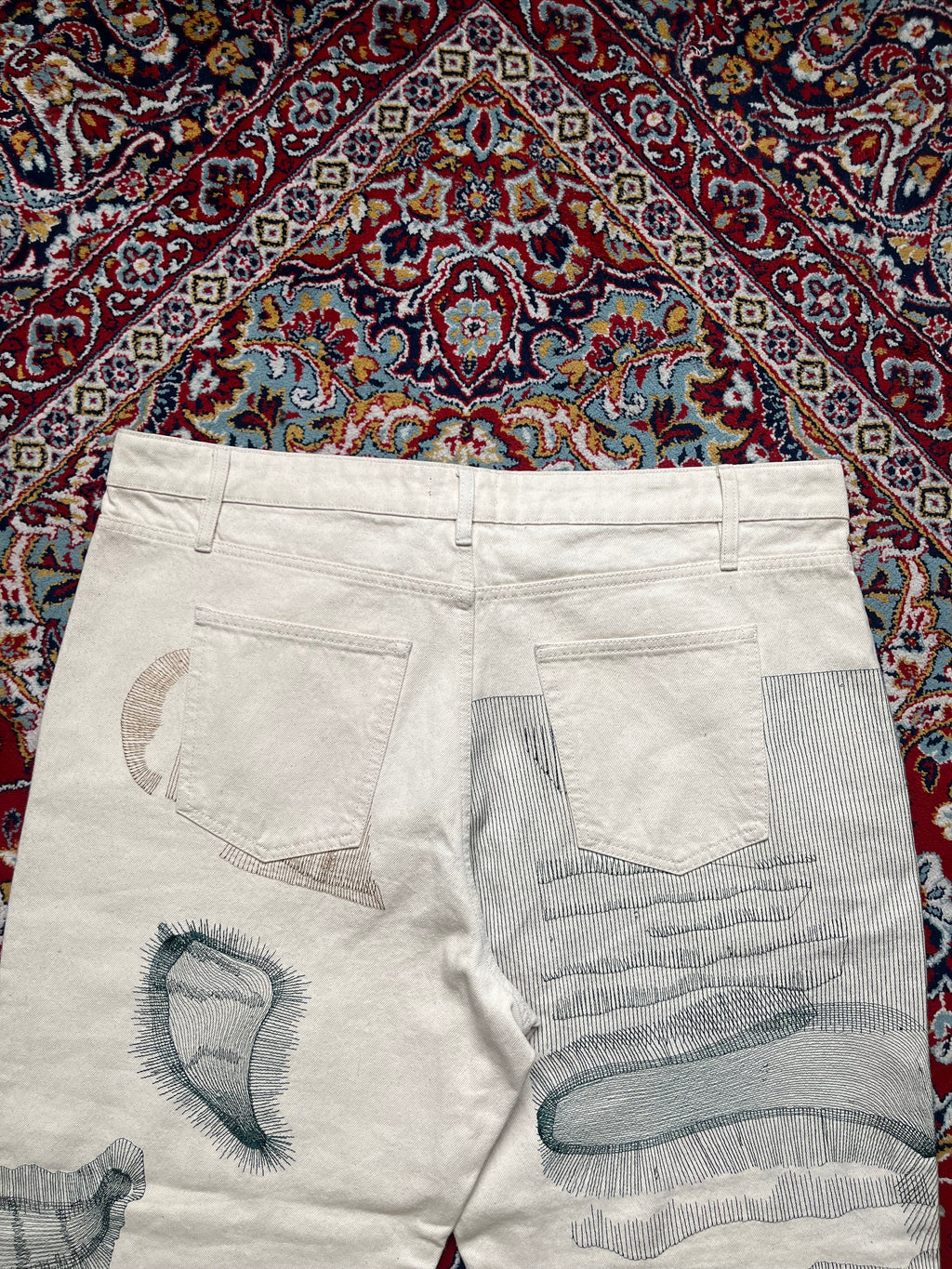 Fashion Nova NOVAMEN Off White Cream Embroidered Sketch Wide FIT JEANS - 42