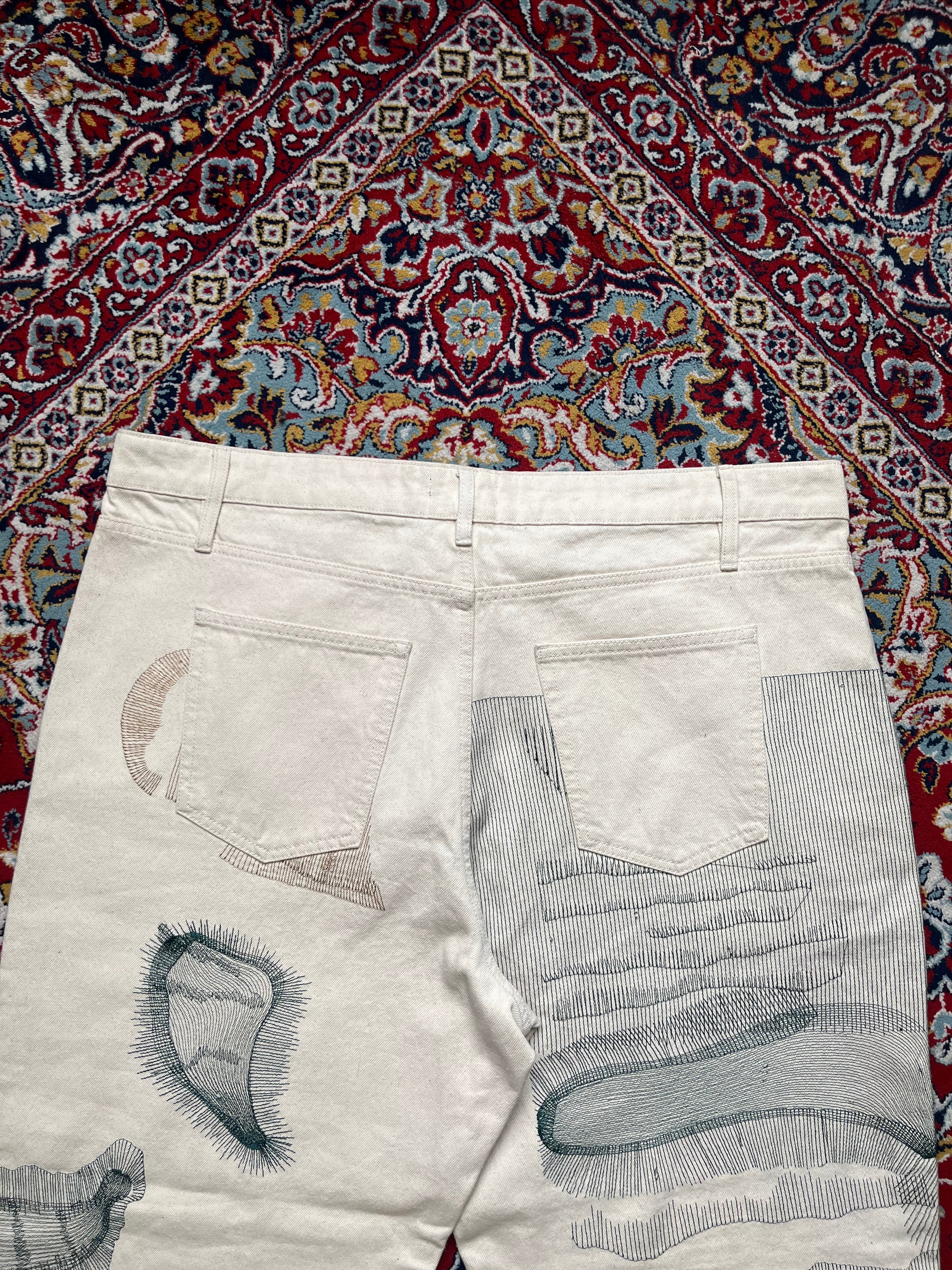 Fashion Nova NOVAMEN Off White Cream Embroidered Sketch Wide FIT JEANS - 42