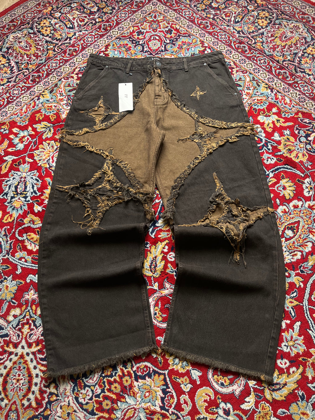 boohooMAN Wide FIT Distressed Star Patch Brown Raw Hem JEANS - 38