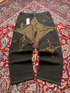 boohooMAN Wide FIT Distressed Star Patch Brown Raw Hem JEANS - 38