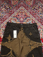 boohooMAN Wide FIT Distressed Star Patch Brown Raw Hem JEANS - 38