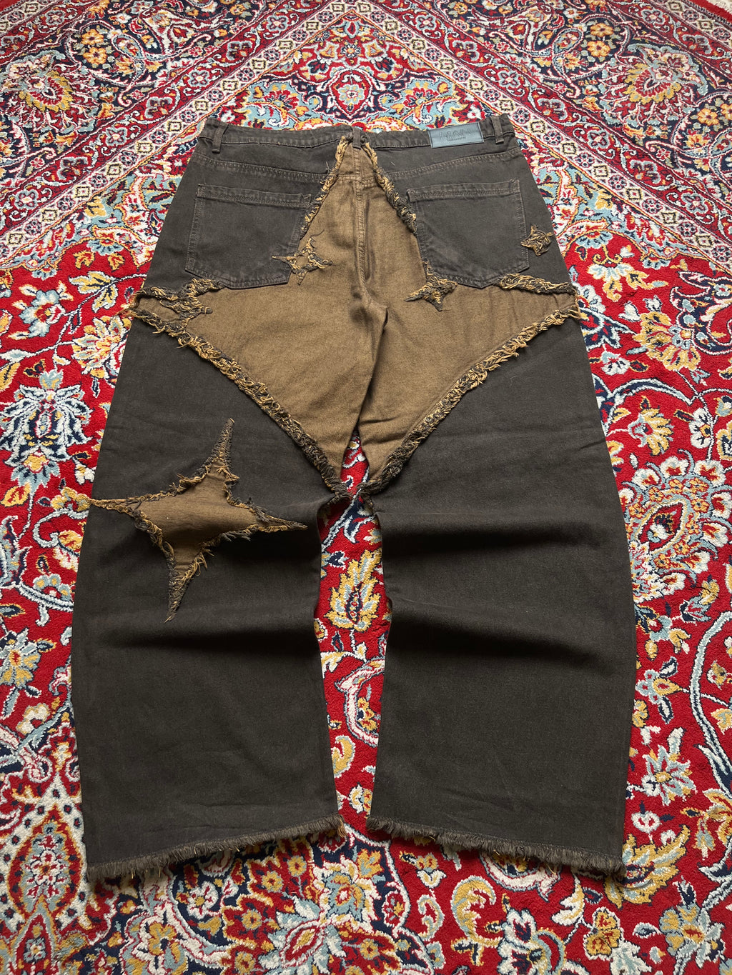 boohooMAN Wide FIT Distressed Star Patch Brown Raw Hem JEANS - 38