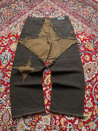 boohooMAN Wide FIT Distressed Star Patch Brown Raw Hem JEANS - 38