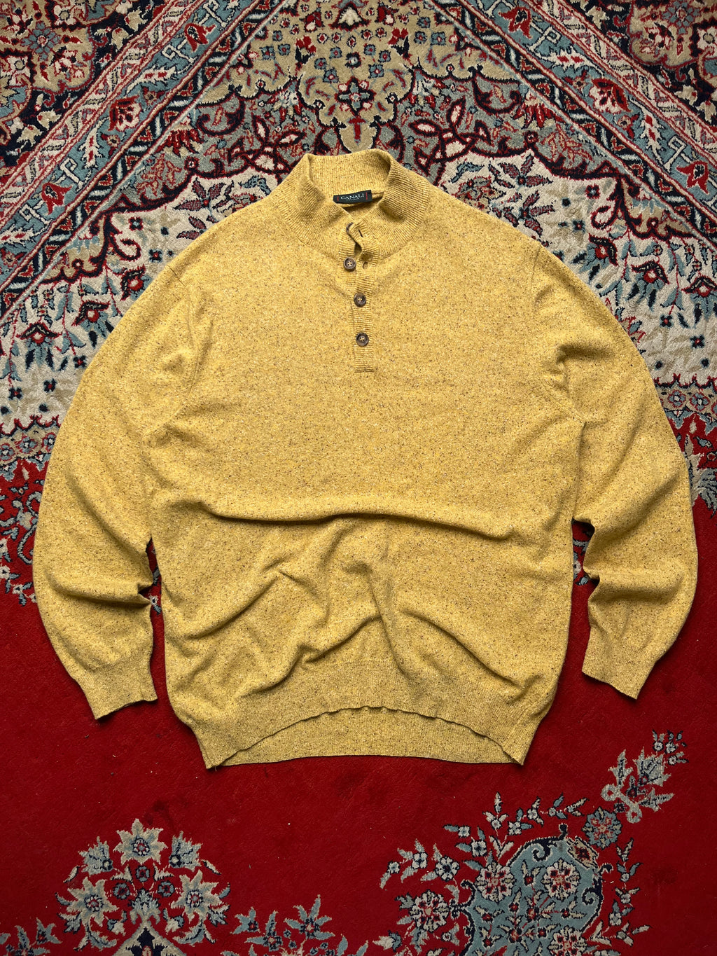 Canali Sportswear Wool Silk Angora Flecked Button Mock Neck Knit Sweater - L