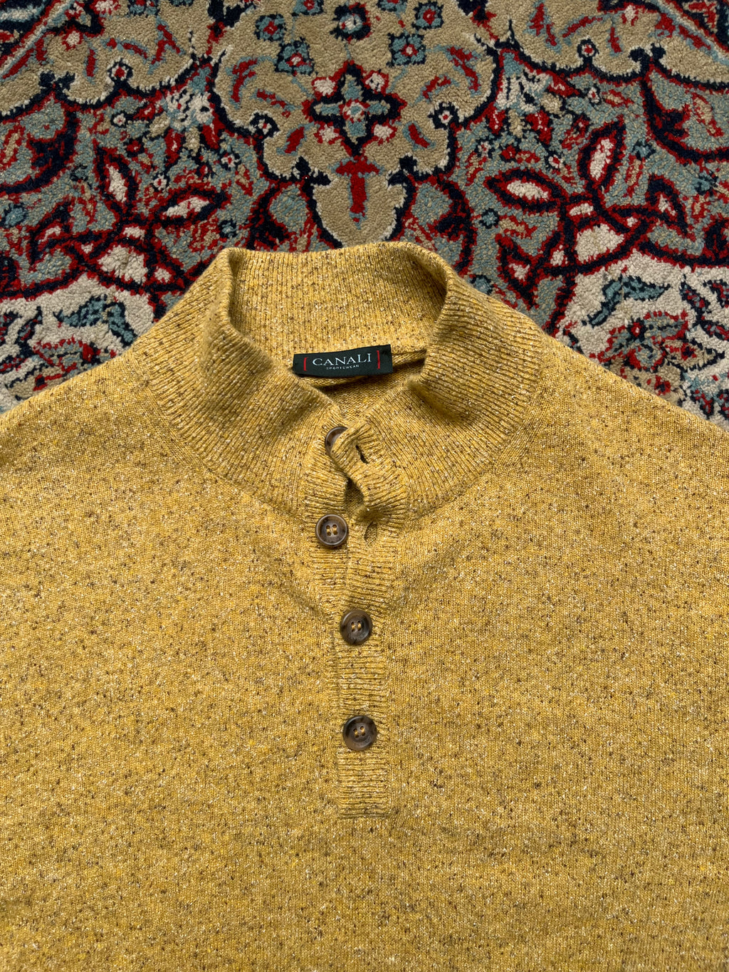 Canali Sportswear Wool Silk Angora Flecked Button Mock Neck Knit Sweater - L