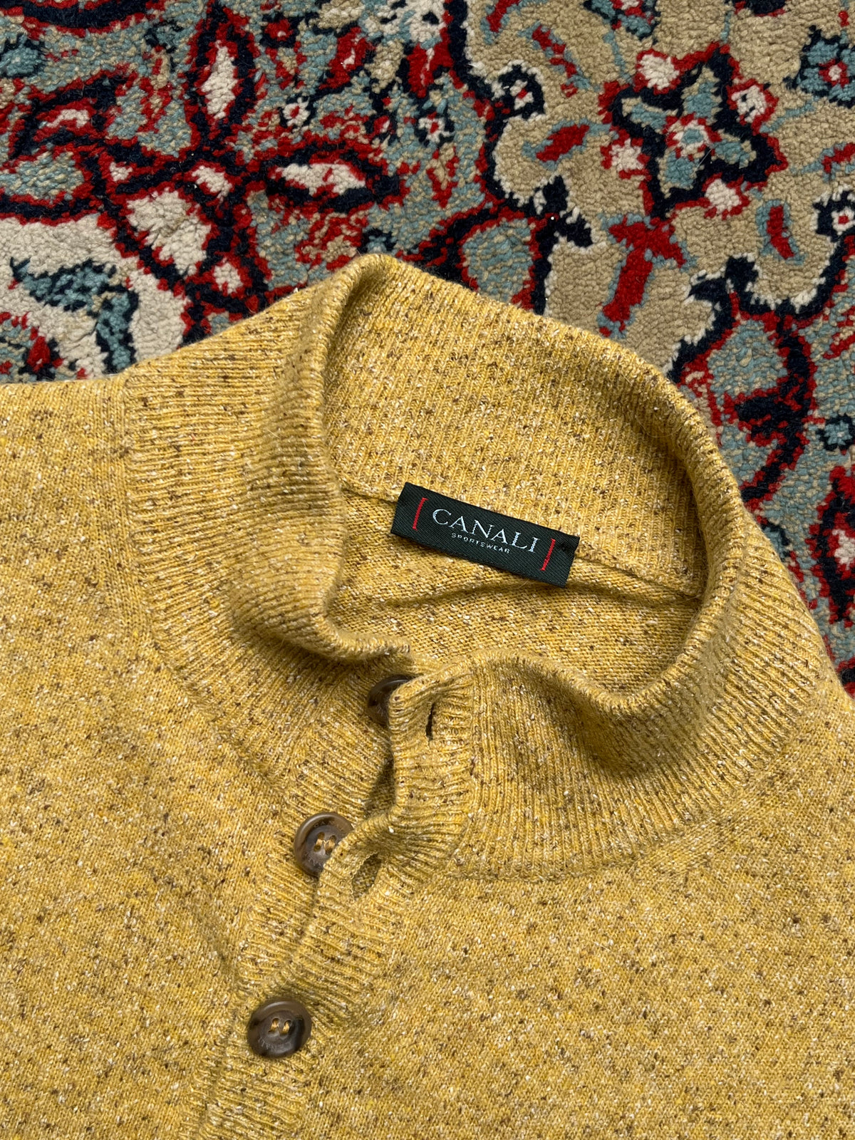 Canali Sportswear Wool Silk Angora Flecked Button Mock Neck Knit Sweater - L