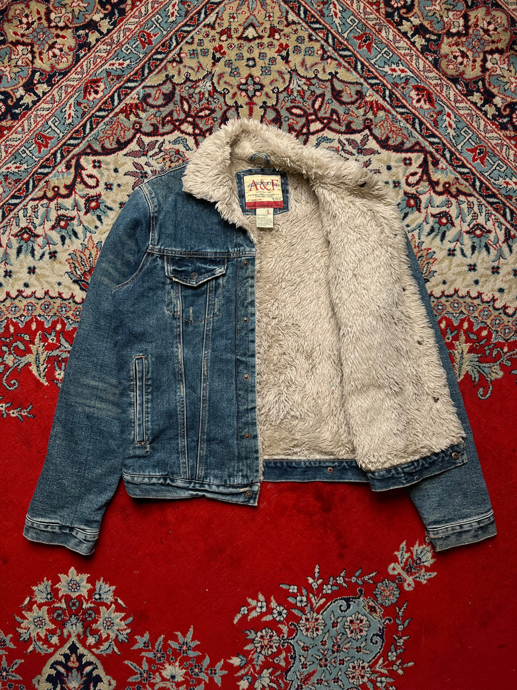 Vintage Abercrombie & Fitch Sherpa Lined Distressed Denim Jacket - L
