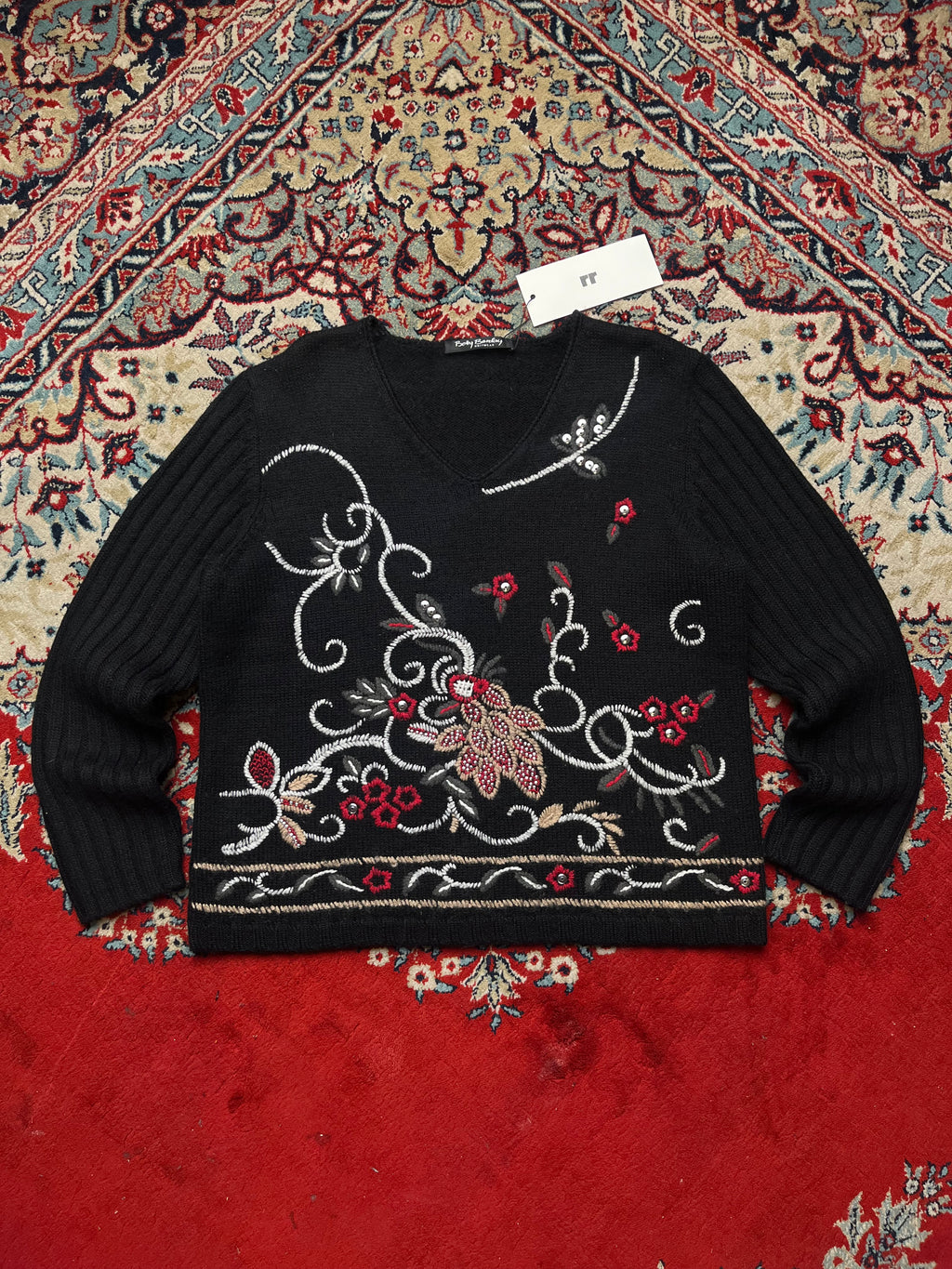 Betty Barclay Womens Black Floral Embroidered Sequin Beaded V-Neck Knit Sweater - M