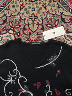Betty Barclay Womens Black Floral Embroidered Sequin Beaded V-Neck Knit Sweater - M