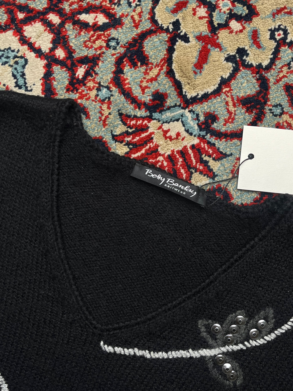 Betty Barclay Womens Black Floral Embroidered Sequin Beaded V-Neck Knit Sweater - M