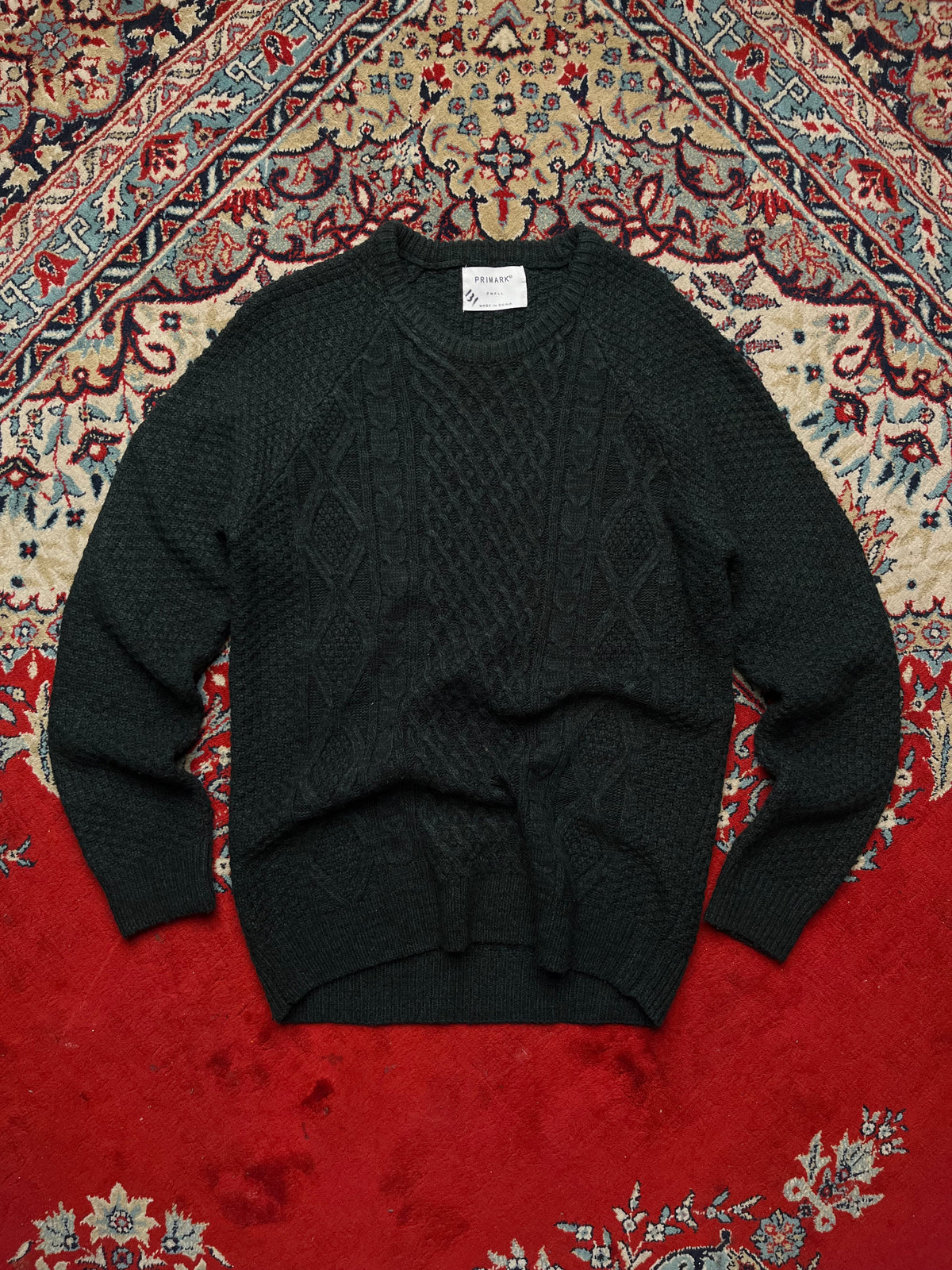 Primark Dark Green Cable Knit Crewneck Raglan Sweater - M