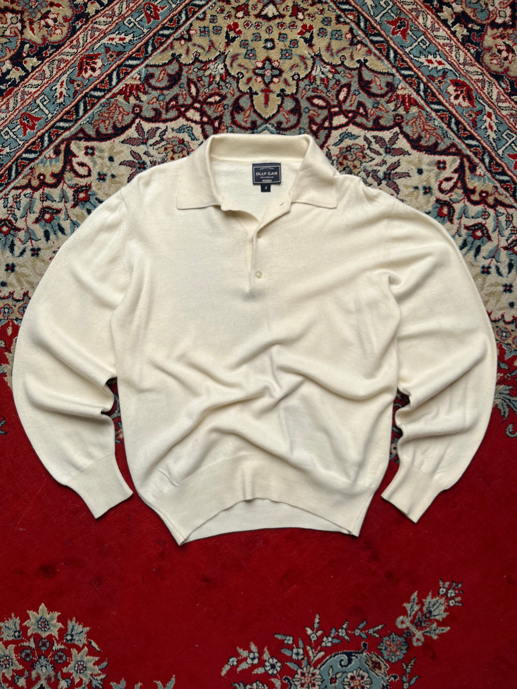 Olly Gan Off-White Cream Polo Collar Knit Sweater - L