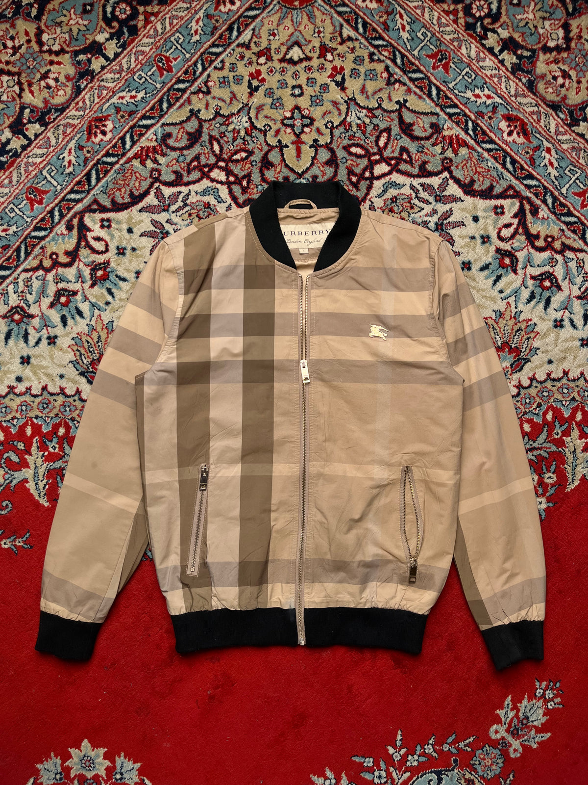 Burberry Beige Nova Check Plaid Metal Equestrian Knight Bomber Jacket - M
