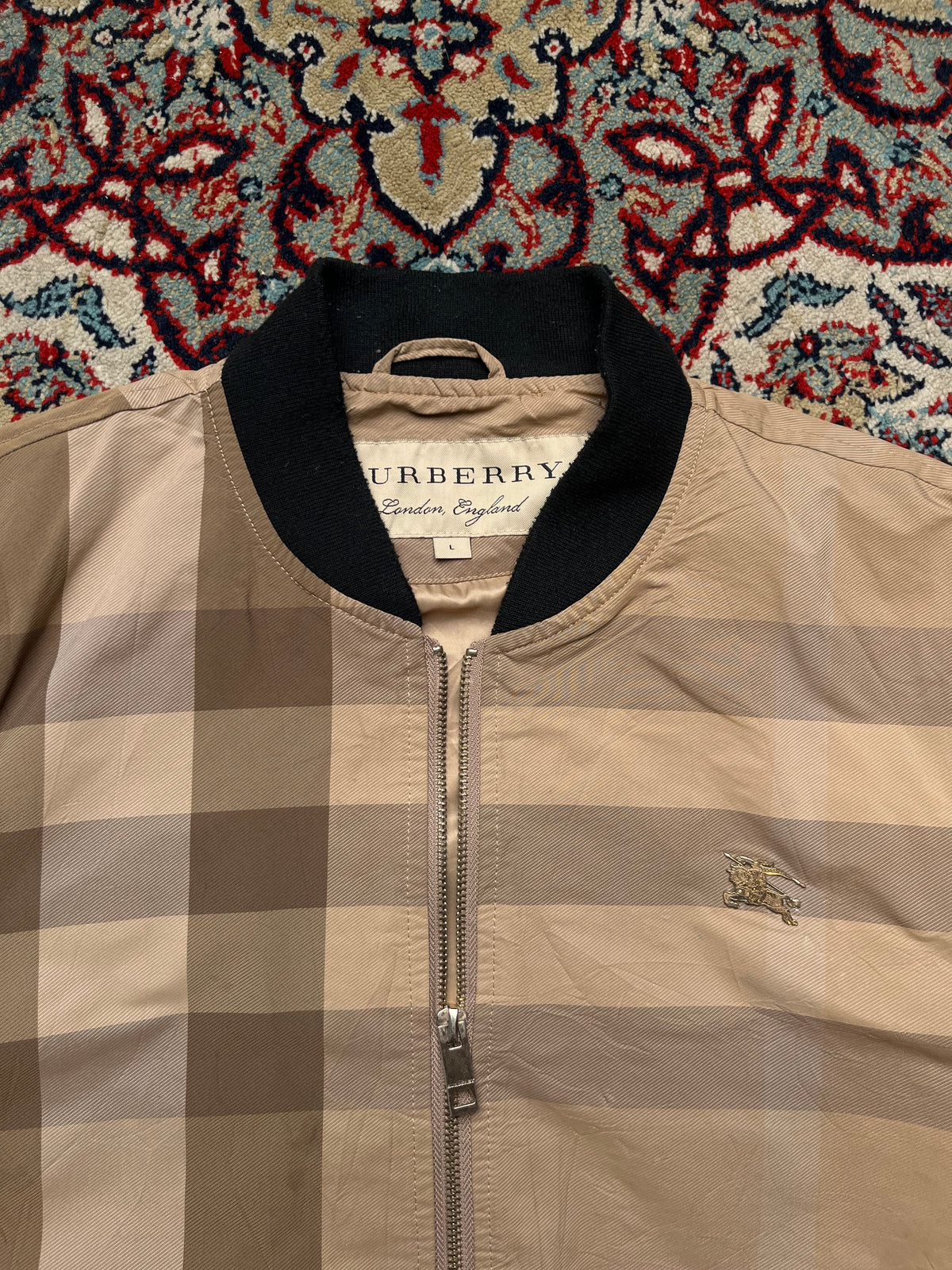 Burberry Beige Nova Check Plaid Metal Equestrian Knight Bomber Jacket - M