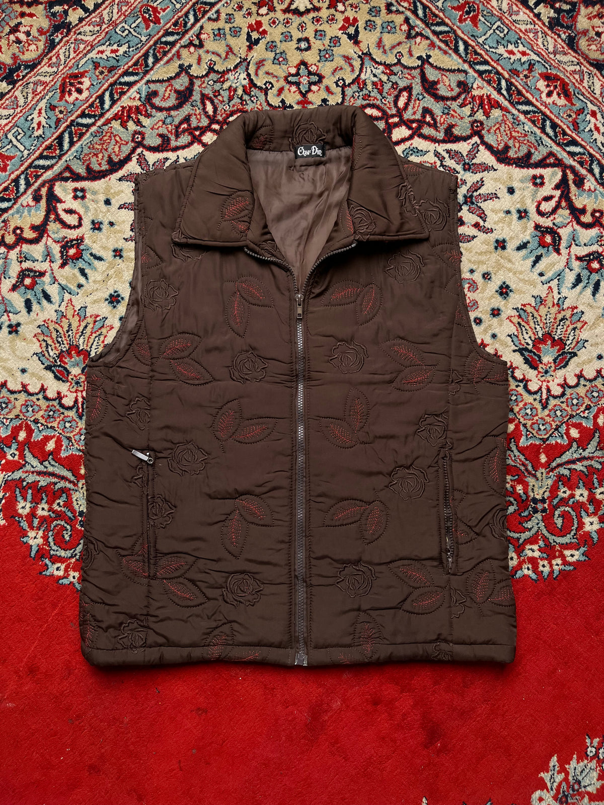 Char Din Brown Floral Quilted Embroidered Padded SLEEVELESS JACKET - L