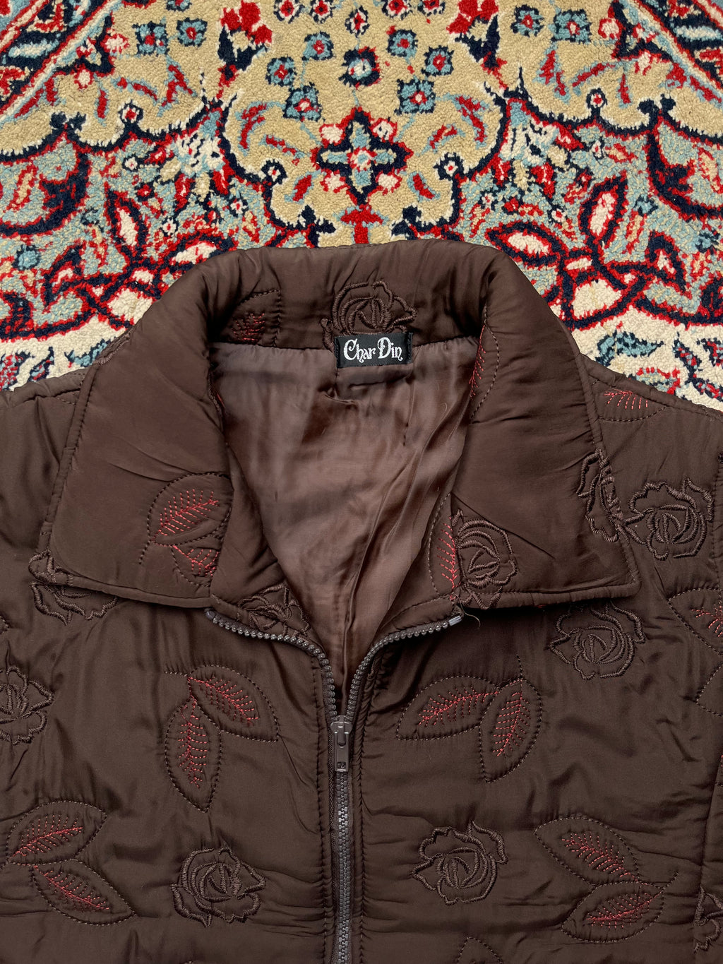Char Din Brown Floral Quilted Embroidered Padded SLEEVELESS JACKET - L