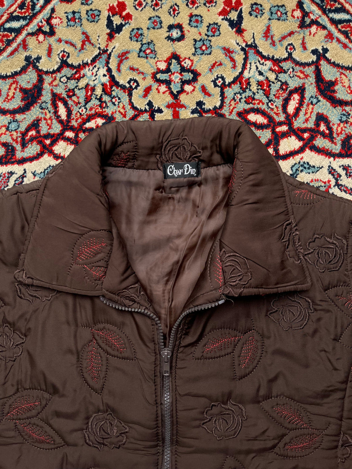 Char Din Brown Floral Quilted Embroidered Padded SLEEVELESS JACKET - L