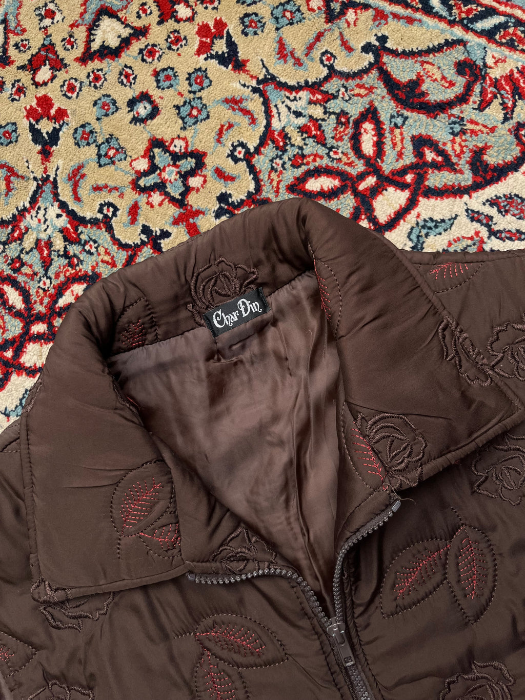 Char Din Brown Floral Quilted Embroidered Padded SLEEVELESS JACKET - L