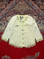 Tredy Womens Pastel Lime Yellow Beaded Embellished Crochet Lace Trim Denim Jacket - M