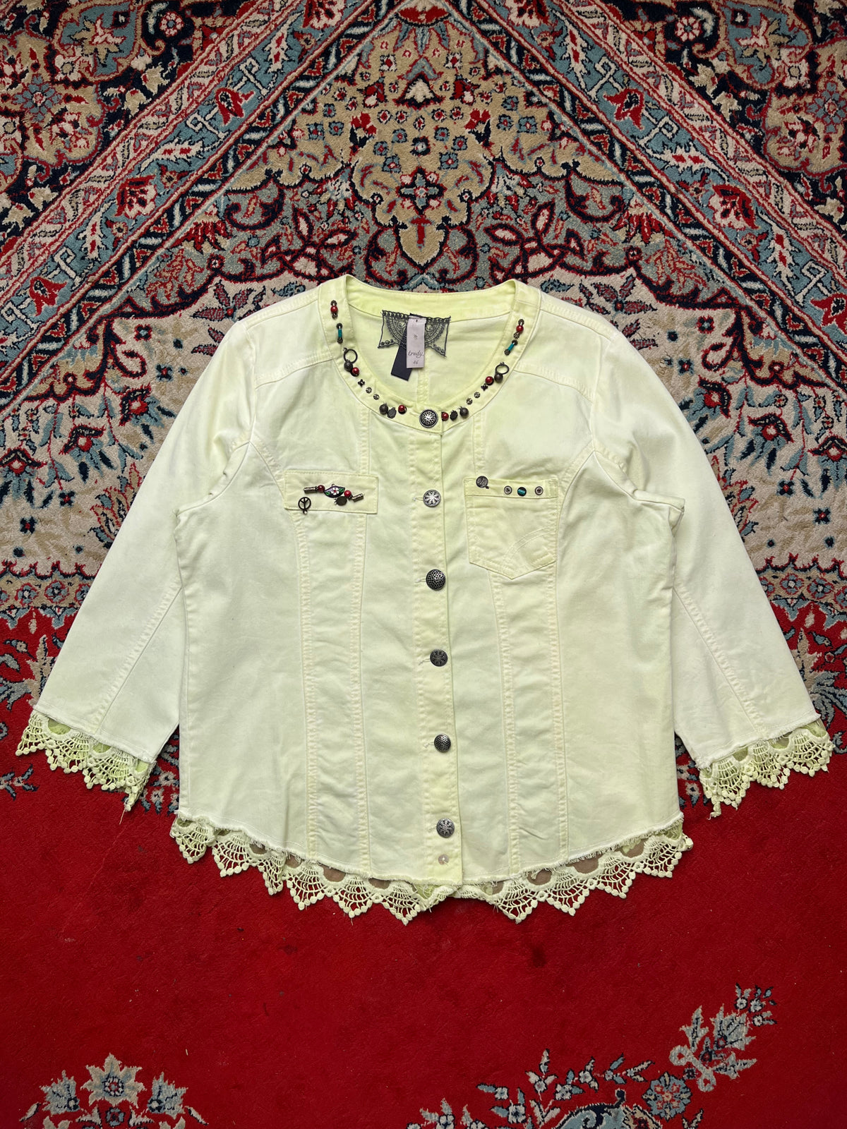 Tredy Womens Pastel Lime Yellow Beaded Embellished Crochet Lace Trim Denim Jacket - M
