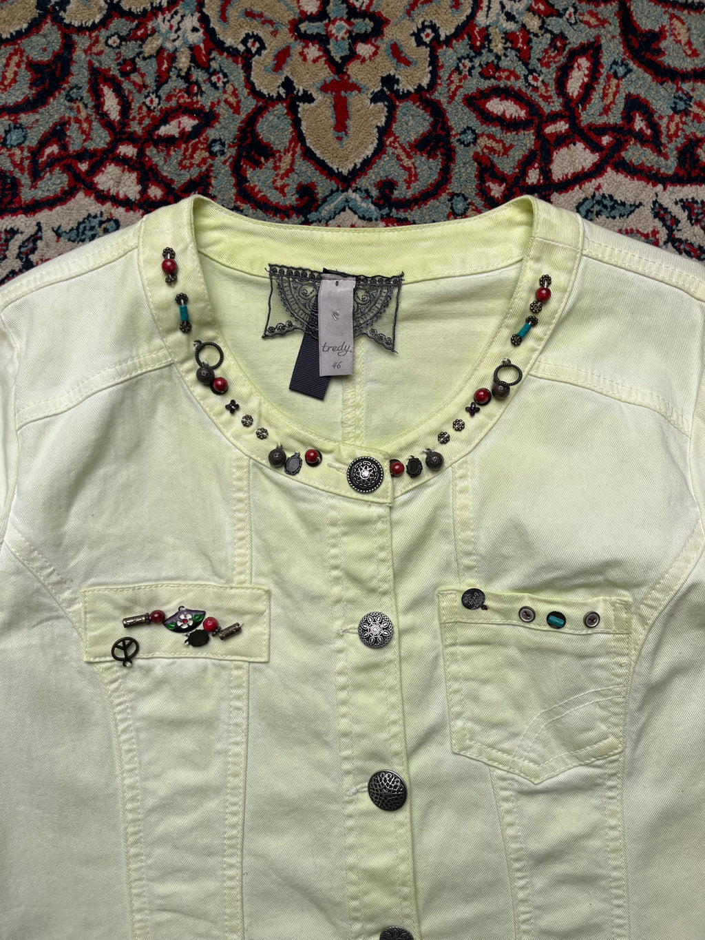 Tredy Womens Pastel Lime Yellow Beaded Embellished Crochet Lace Trim Denim Jacket - M